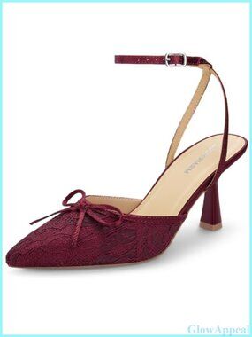 Womens Lace Bow Heels Closed Pointed Toe Strappy Pumps Mid Top Dress Shoes